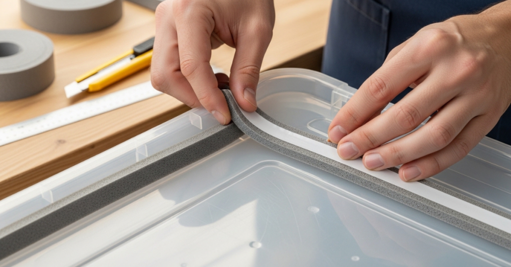 Hands applying foam gasket tape along the lid edge of a plastic bin to create an airtight seal for filament storage