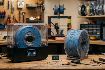 Filament spool drying inside a filament dryer beside a 3D printer in a well-organized workshop.