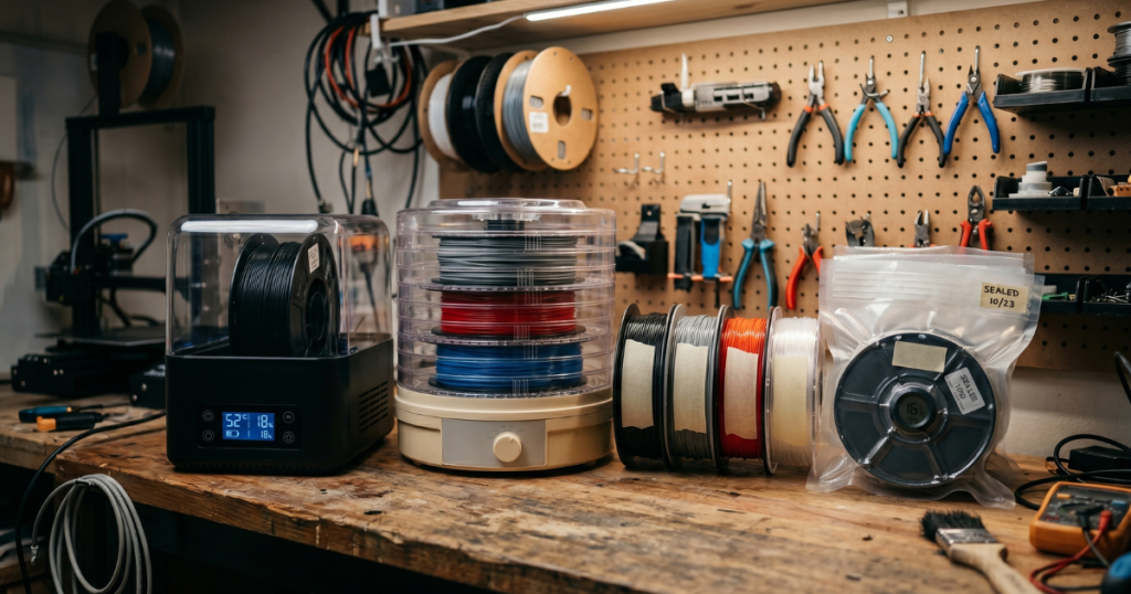 Multiple filament storage and drying solutions displayed together in a maker workspace.