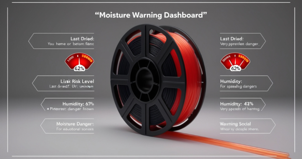 Illustrated filament moisture monitoring dashboard showing humidity and drying status indicators.