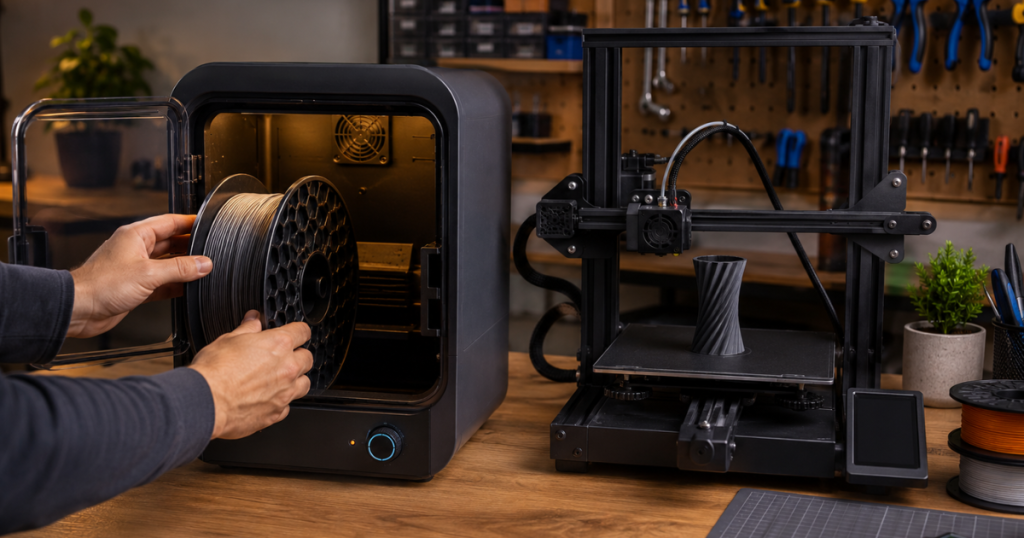 User placing a filament spool into a filament dryer before starting a 3D printing project.