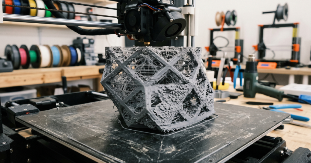 Severely stringy and damaged 3D print caused by printing with moisture-contaminated filament.
