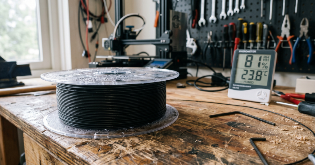 Filament spool showing visible moisture exposure next to a hygrometer displaying high humidity levels.