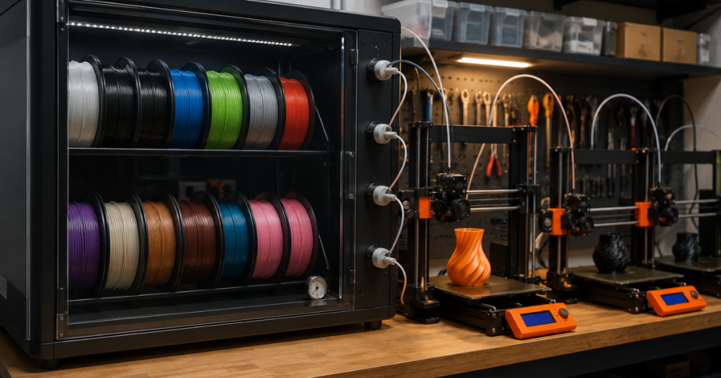 Large dry box feeding multiple filament spools directly to several active 3D printers.