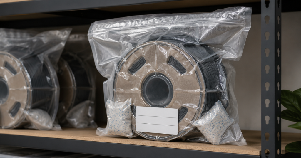 Filament spool stored in a vacuum-sealed bag with desiccant packs on a workshop storage shelf.