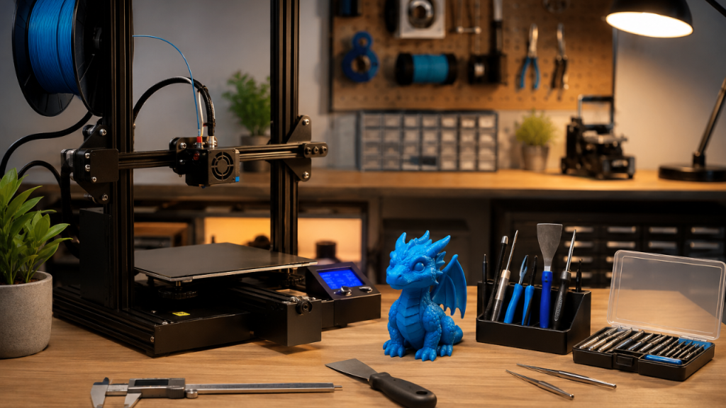 Beginner-friendly 3D printing workstation with desktop printer, precision tools, filament spool, and finished dragon print inside an organized home workshop.