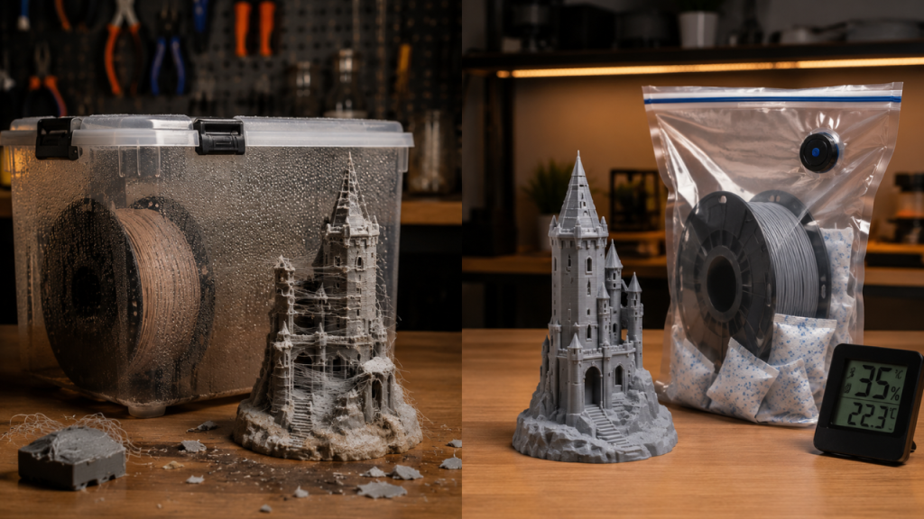 Side-by-side comparison of poorly stored moisture-damaged 3D printing filament versus properly vacuum-sealed filament with silica gel packs and a humidity meter beside successful and failed prints.
