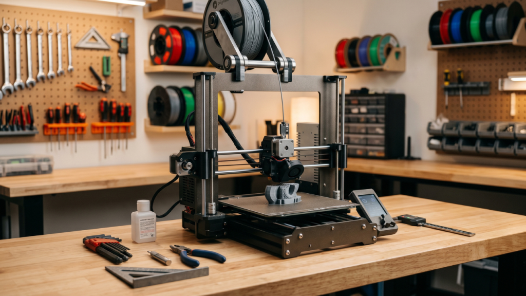 3D printer workstation featuring common printer upgrades including an upgraded spool holder, precision tools, and an organized maker workspace designed for improved print performance and reliability.