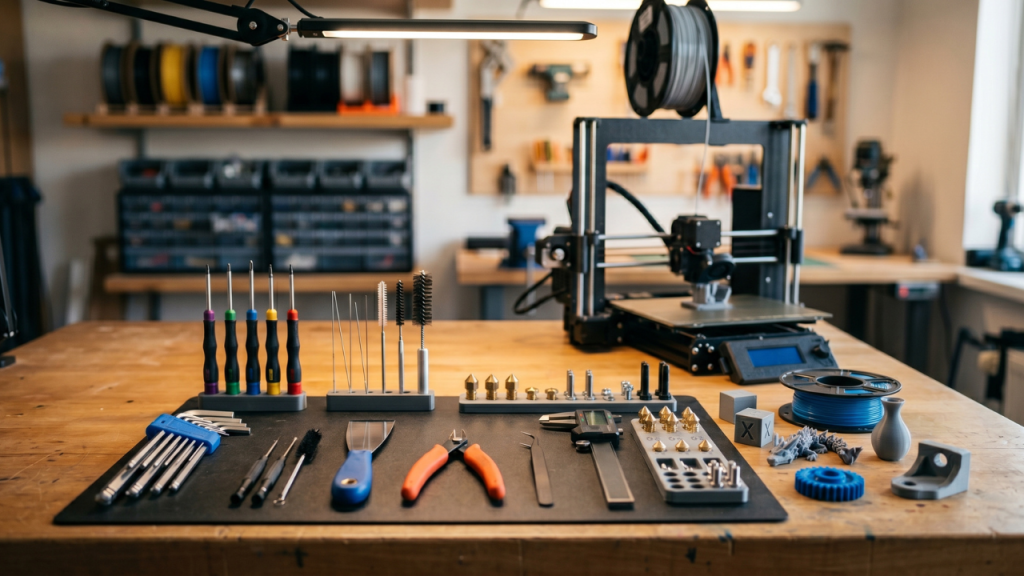 Organized 3D printing toolkit workspace featuring nozzle cleaning tools, precision screwdrivers, spare nozzles, digital caliper, filament spools, and a desktop 3D printer in a modern maker environment.