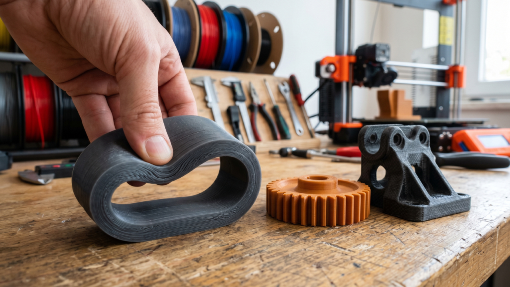 Flexible TPU part, printed gear, and reinforced structural bracket displayed on a 3D printing workbench to demonstrate different filament performance characteristics and applications.