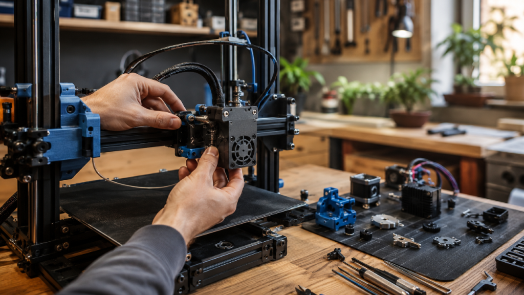 Hands installing a direct-drive extruder upgrade on a desktop 3D printer in an organized workshop with tools and replacement components arranged on the workbench.