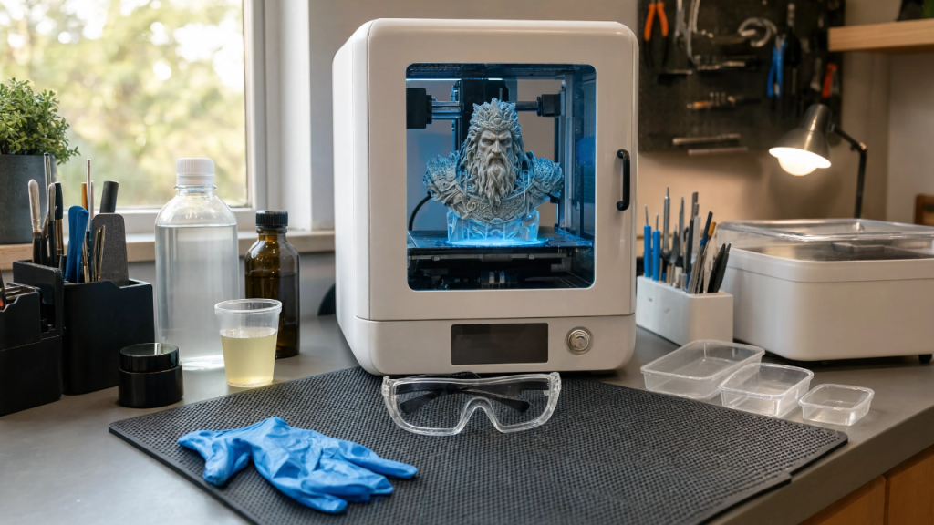 Organized resin 3D printing post-processing workstation with safety glasses, nitrile gloves, cleaning supplies, and a resin print being processed in a wash and cure station.