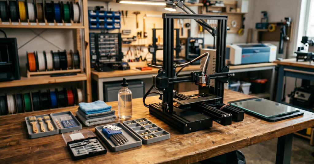 Organized 3D printer maintenance workstation with cleaning brushes, nozzle tools, microfiber cloths, spare nozzles, and a desktop 3D printer prepared for routine maintenance and cleaning.