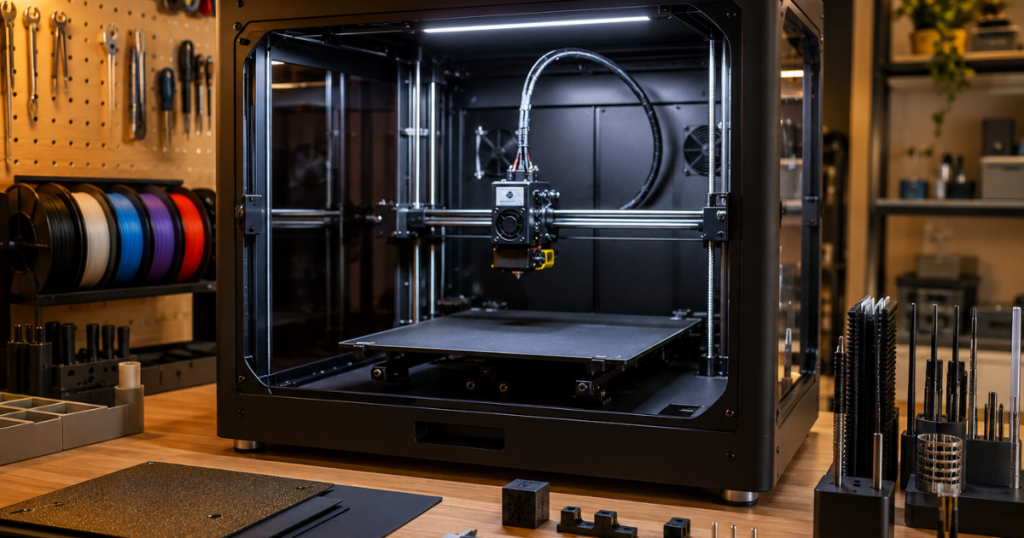 Fully enclosed 3D printer in a professional workshop setup with accessory tools, spare build plates, and organized workspace designed to improve print consistency and environmental control.