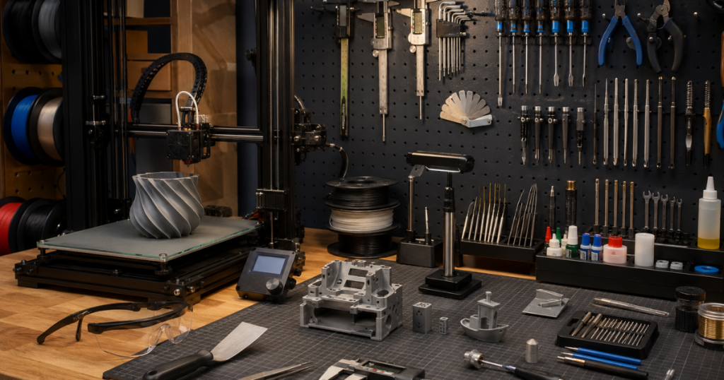 Organized 3D printing workstation featuring calibration tools, maintenance equipment, precision measuring devices, print finishing tools, and a desktop 3D printer in a professional maker workspace.
