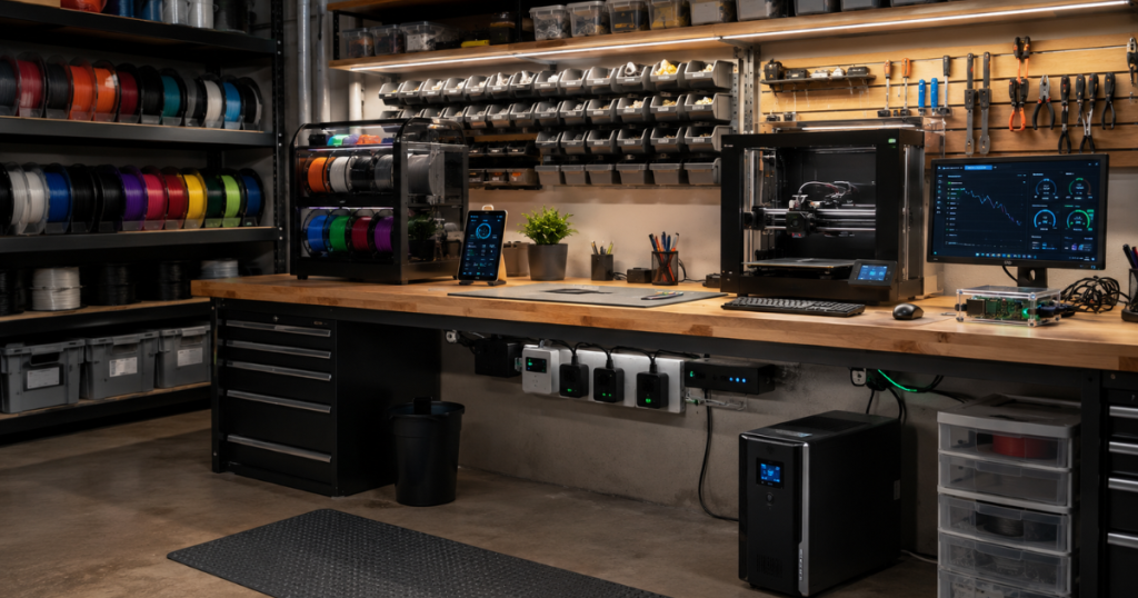Organized 3D printing workshop featuring filament storage shelves, monitoring systems, backup power protection, tool organization, and a professional maker workspace.